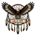 Native American-inspired eagle metal sign with spread wings, dreamcatcher details, feathers, and geometric accents