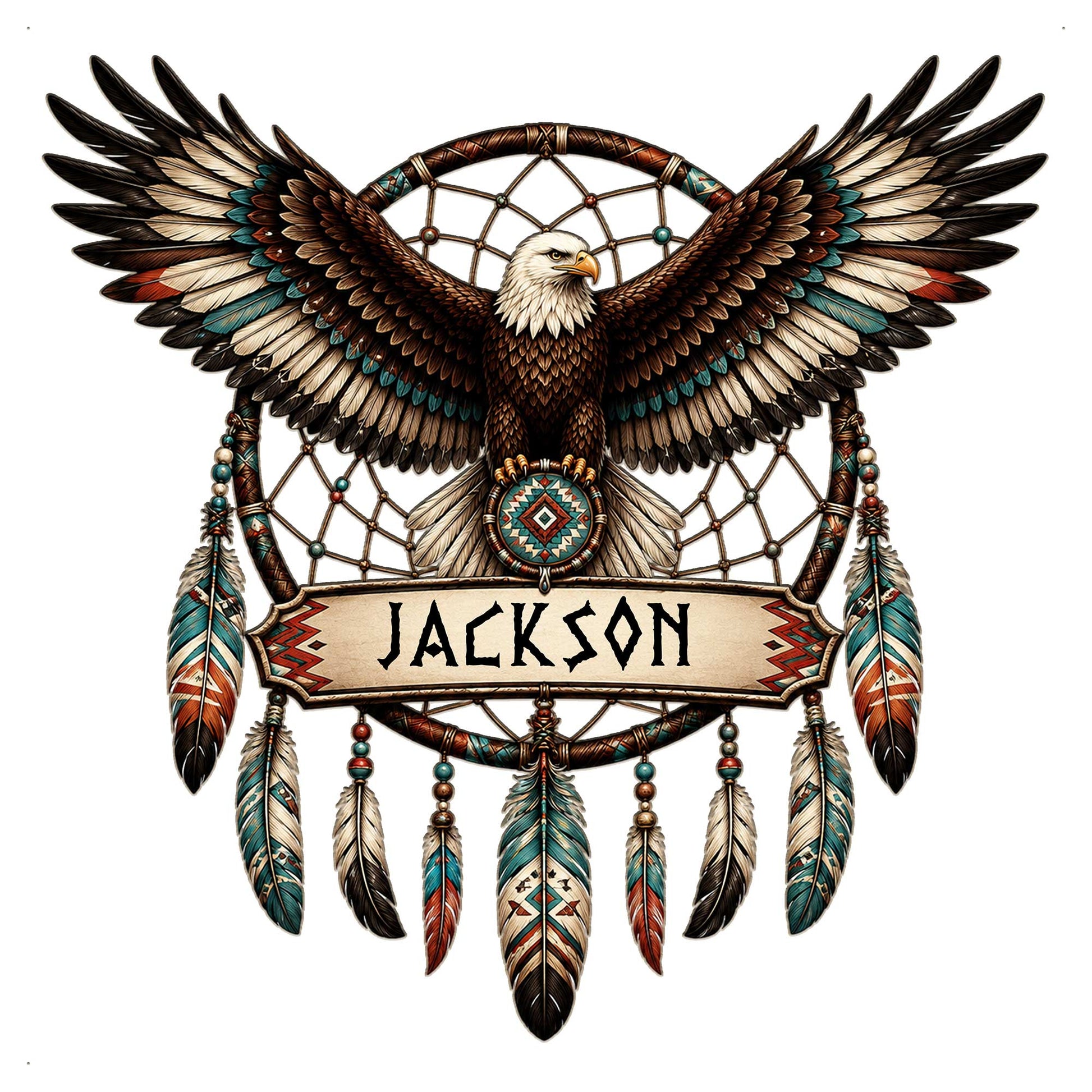 Native American-inspired eagle metal sign with spread wings, dreamcatcher details, feathers, and geometric accents