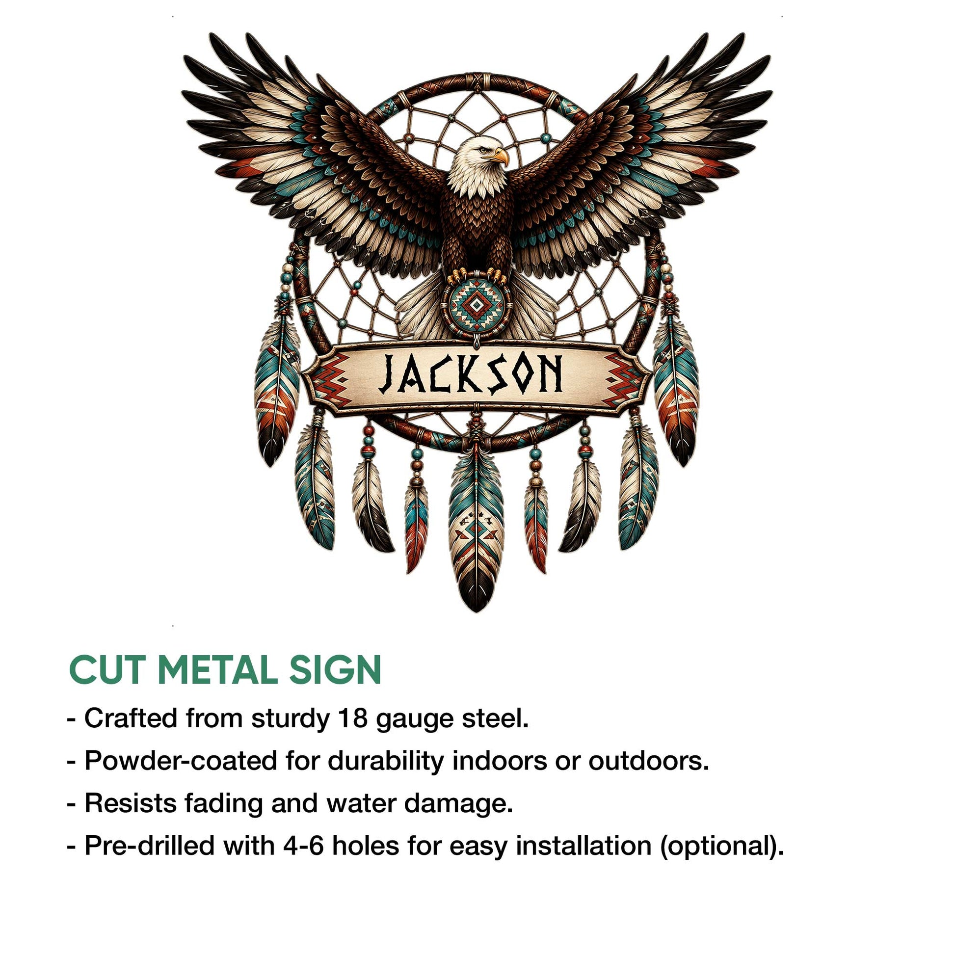 Native American-inspired eagle metal sign feature graphic showing the cut-metal wall decor design