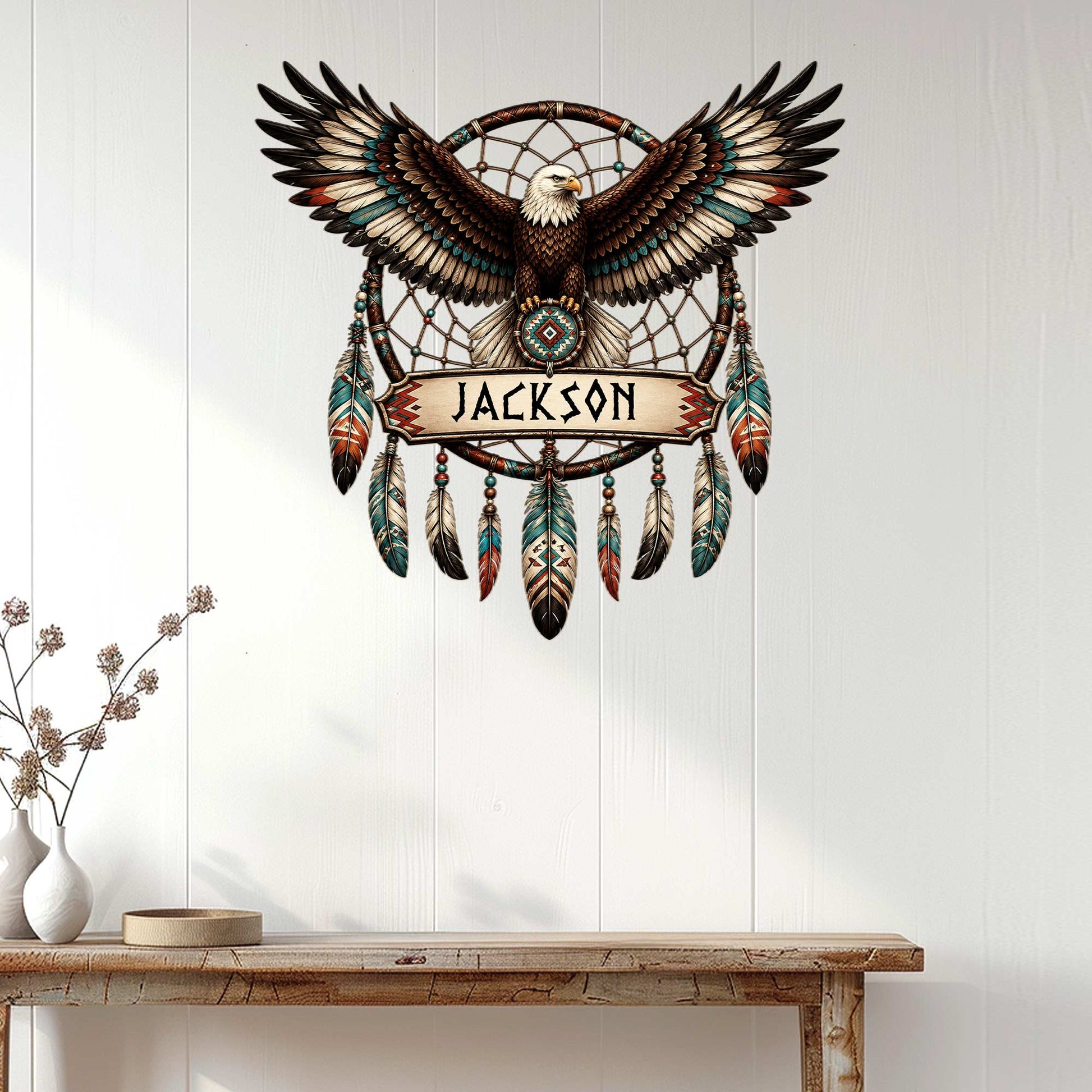 Native American-inspired eagle dreamcatcher metal sign displayed as statement wall decor in a bright home