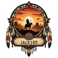 Native American-inspired metal sign featuring a horseback rider, desert sunset, feathers, and Southwestern geometric motifs