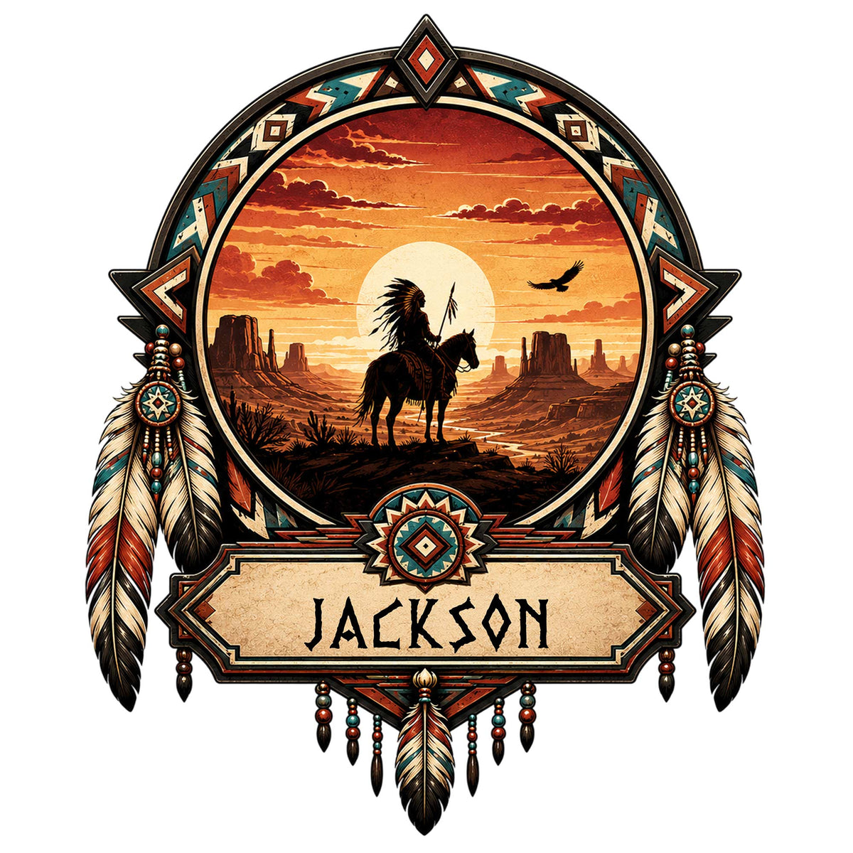 Native American-inspired metal sign featuring a horseback rider, desert sunset, feathers, and Southwestern geometric motifs