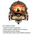 Native American-inspired cut metal sign shown with a feathered rider design and product feature information