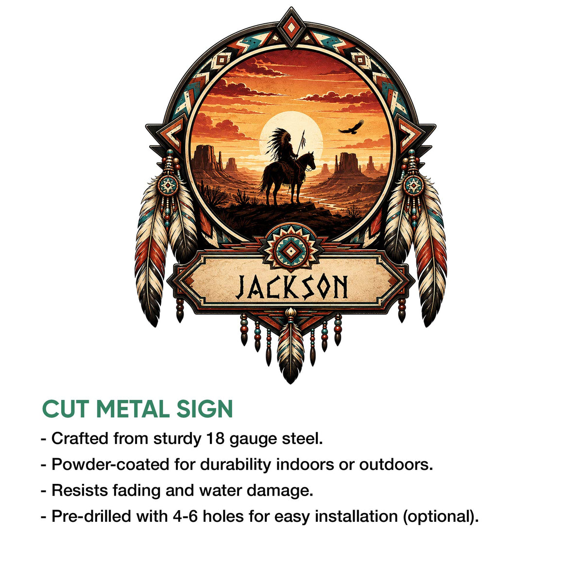 Native American-inspired cut metal sign shown with a feathered rider design and product feature information