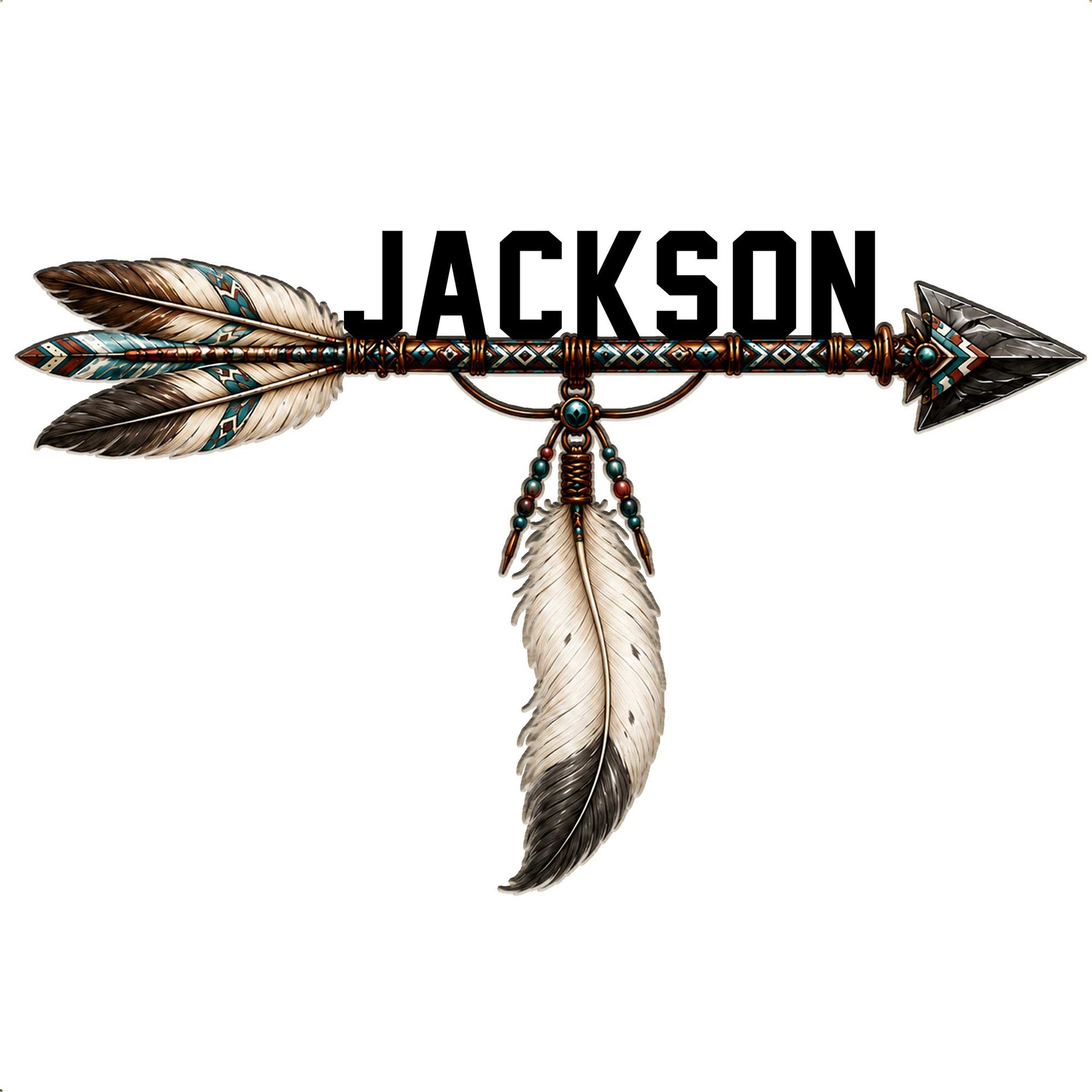 Custom Native American-inspired arrow metal sign with patterned shaft, feather details, and decorative beadwork