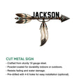 Native American arrow metal sign shown with a cut-metal design and decorative feather accents