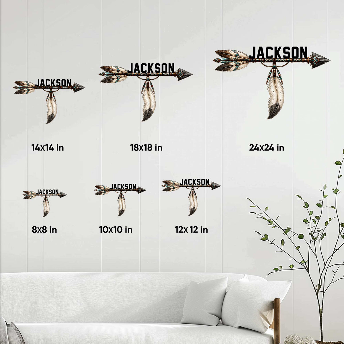 Native American arrow metal sign size guide showing available 8, 10, 12, 14, 18, and 24-inch options
