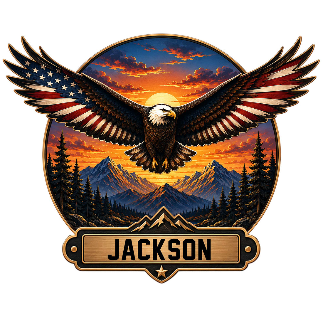 Patriotic eagle metal sign with spread wings, mountain landscape, sunset, pine trees, and American flag colors
