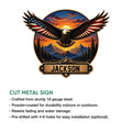 Eagle wall sign featuring a patriotic mountain scene, sunset sky, and a bold cut-metal silhouette