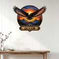 Patriotic eagle metal wall decor displayed on a white paneled wall above a console table