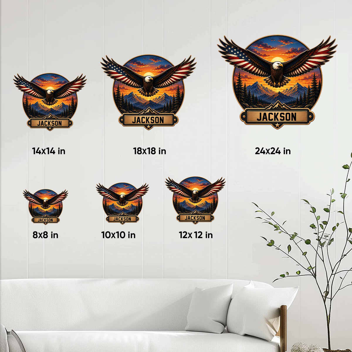 Eagle metal sign size guide showing available 8x8, 10x10, 12x12, 14x14, 18x18, and 24x24 inch options
