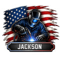 Custom welder metal sign featuring a helmeted worker welding against a bold American flag background