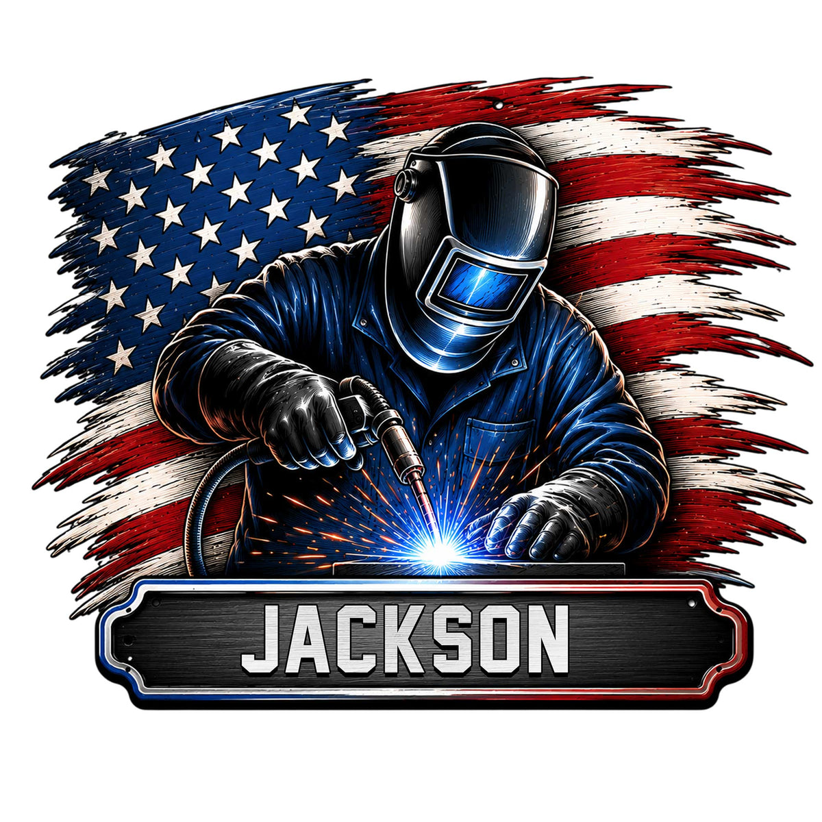 Custom welder metal sign featuring a helmeted worker welding against a bold American flag background