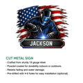 Welder metal sign product infographic showing cut-metal construction and indoor or outdoor display features
