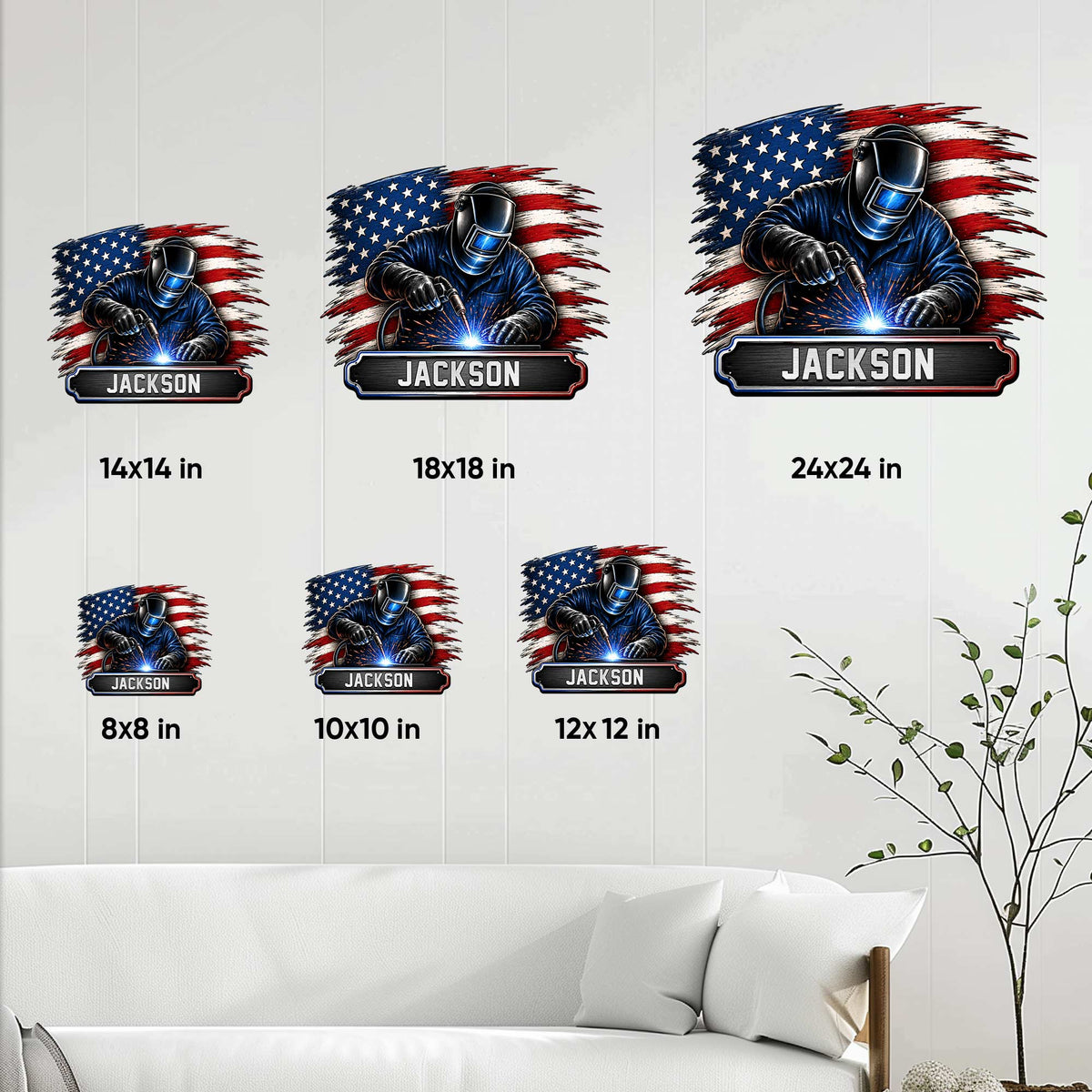 Welder metal sign size guide showing available square sizes from 8 by 8 to 24 by 24 inches