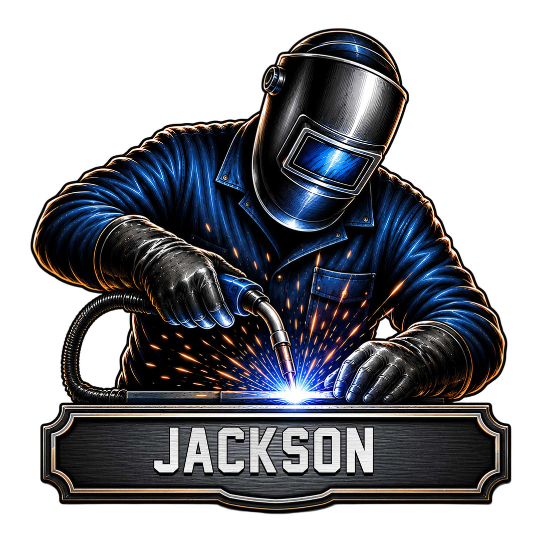Custom welder metal sign featuring a helmeted fabricator, welding torch, bright sparks, and industrial wall decor styling