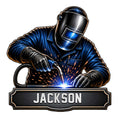 Custom welder metal sign featuring a helmeted fabricator, welding torch, bright sparks, and industrial wall decor styling