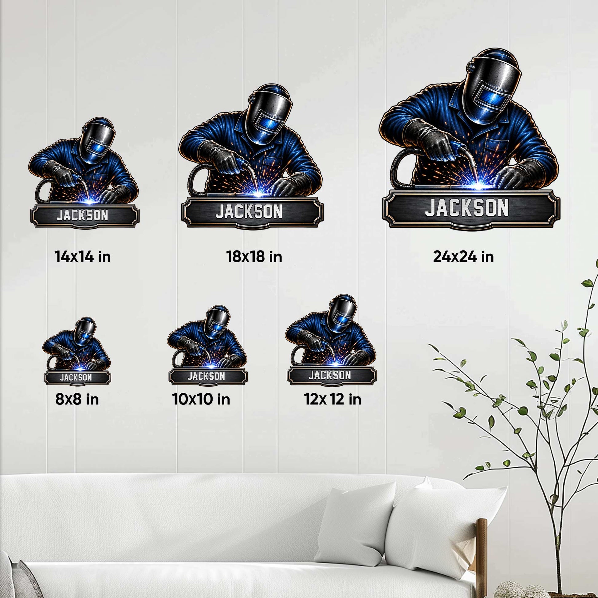 Welder metal sign size guide showing available square sizes from 8 by 8 inches to 24 by 24 inches