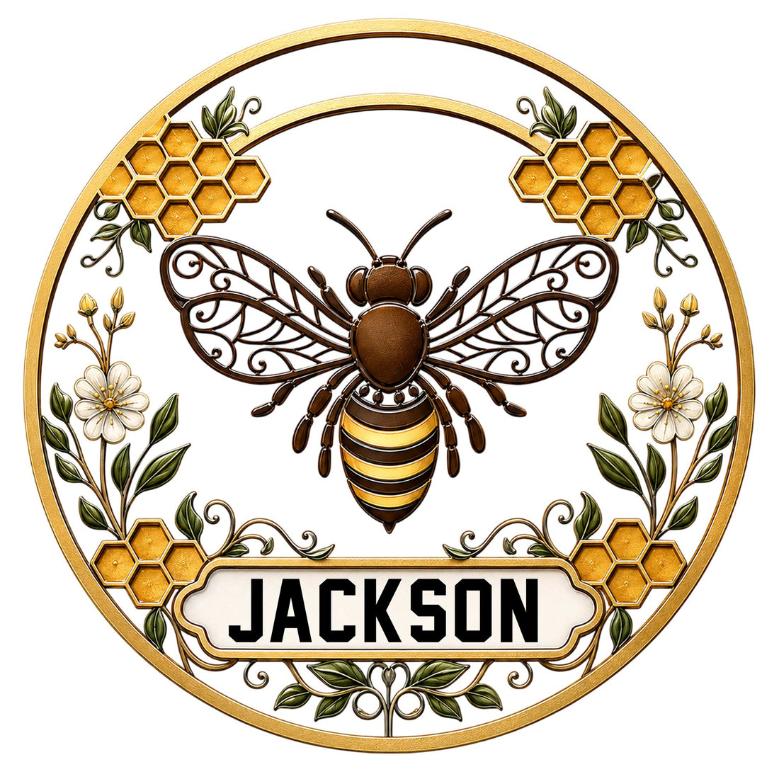 Decorative bee metal sign featuring a honeybee, honeycomb, flowers, and leafy vines