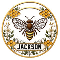 Decorative bee metal sign featuring a honeybee, honeycomb, flowers, and leafy vines