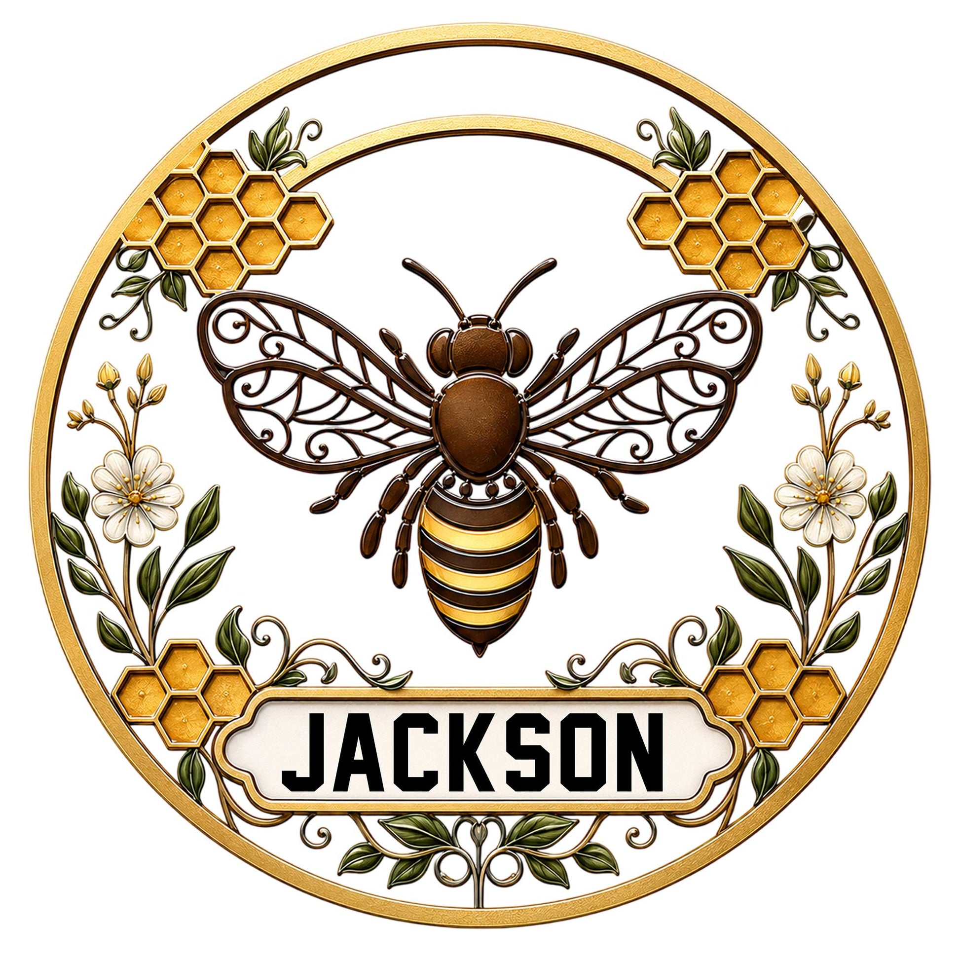 Decorative bee metal sign featuring a honeybee, honeycomb, flowers, and leafy vines