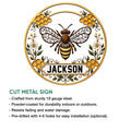 Bee metal sign shown with a cut-steel product feature graphic and circular honeybee artwork