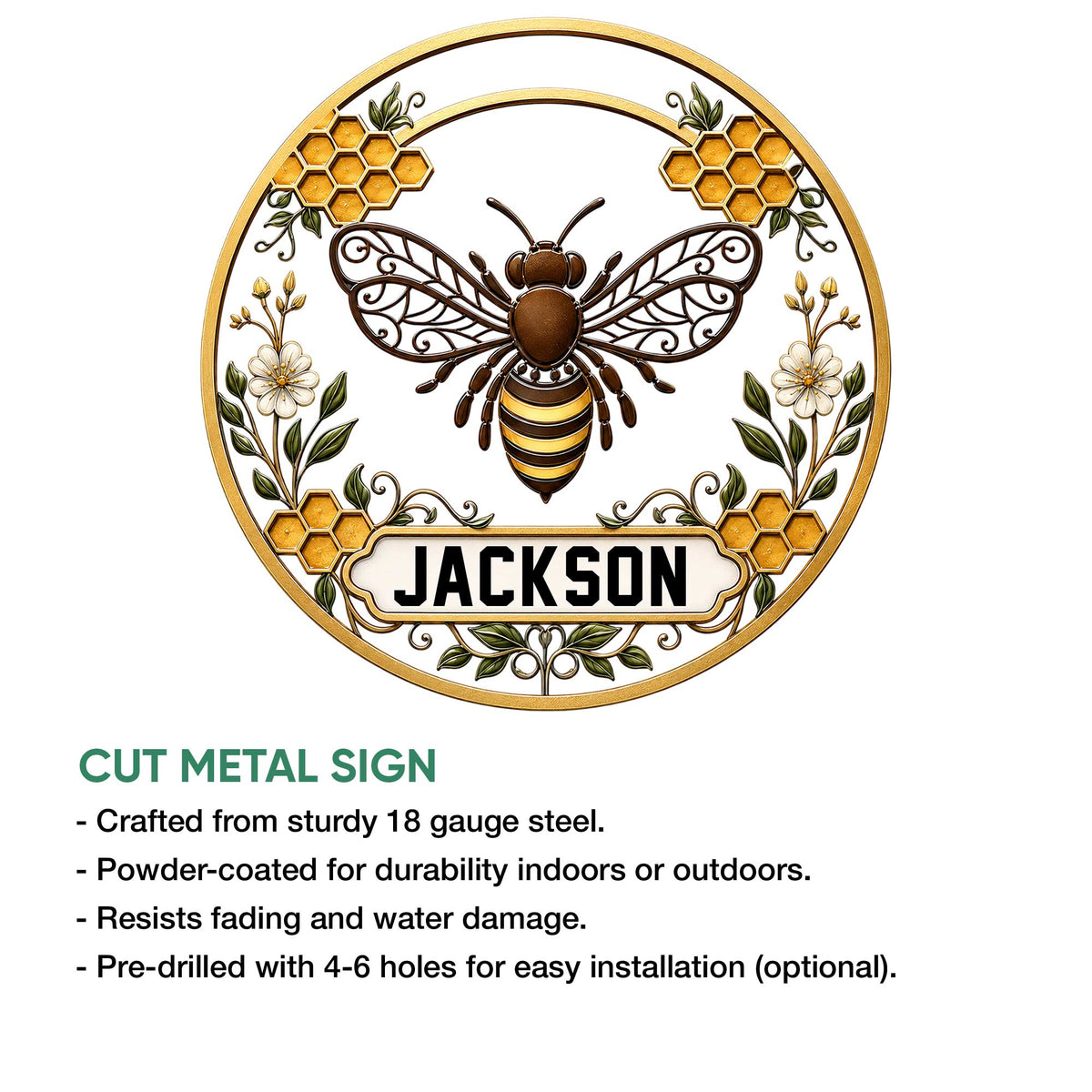 Bee metal sign shown with a cut-steel product feature graphic and circular honeybee artwork
