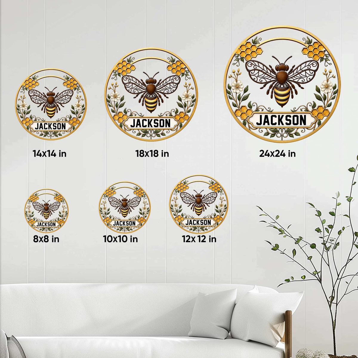 Honeybee metal sign size guide showing round designs in sizes from 8 by 8 to 24 by 24 inches