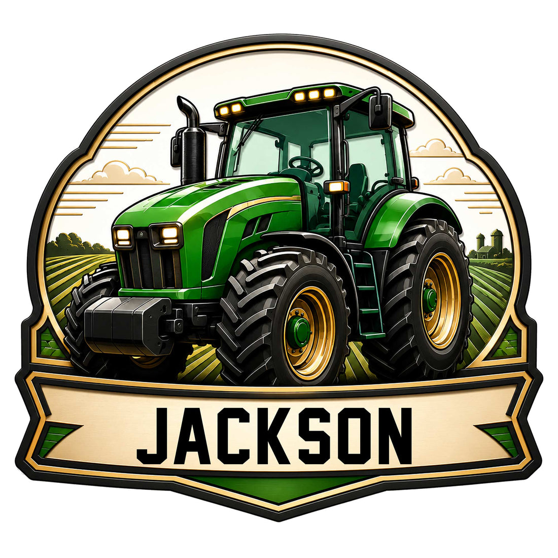 Custom tractor metal sign featuring a large green farm tractor in a cultivated field