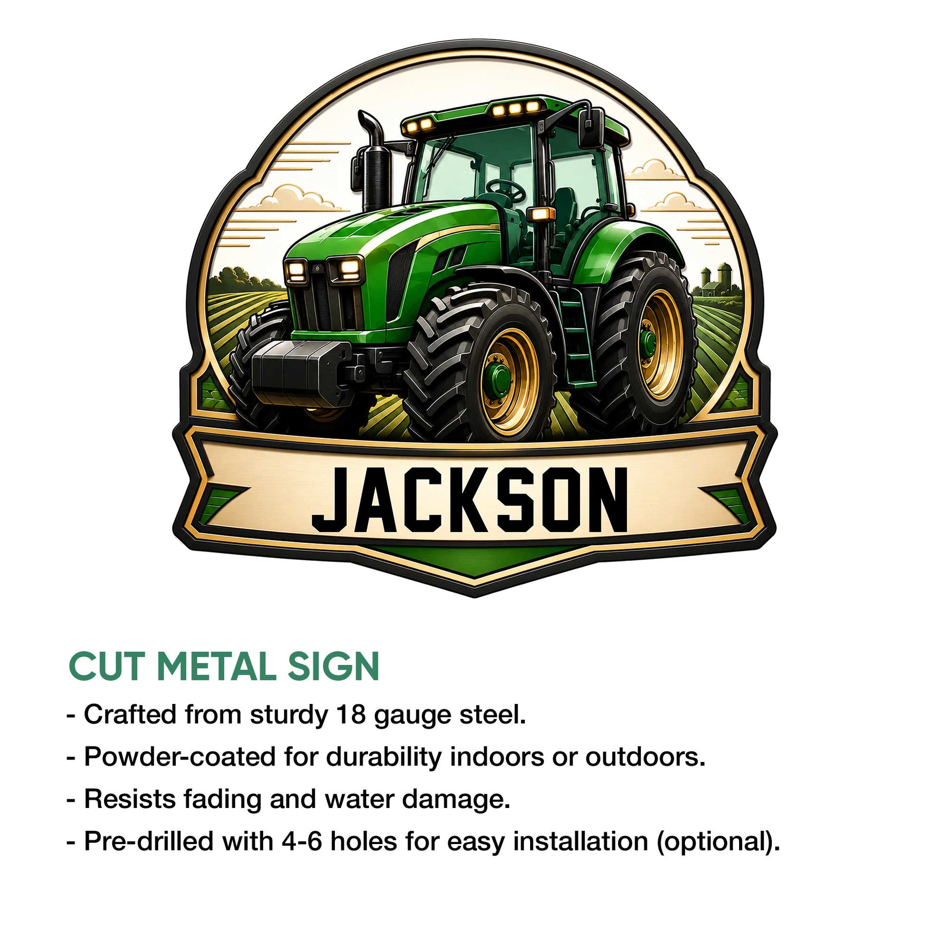 Tractor metal sign feature graphic showing the farm design and cut metal sign presentation