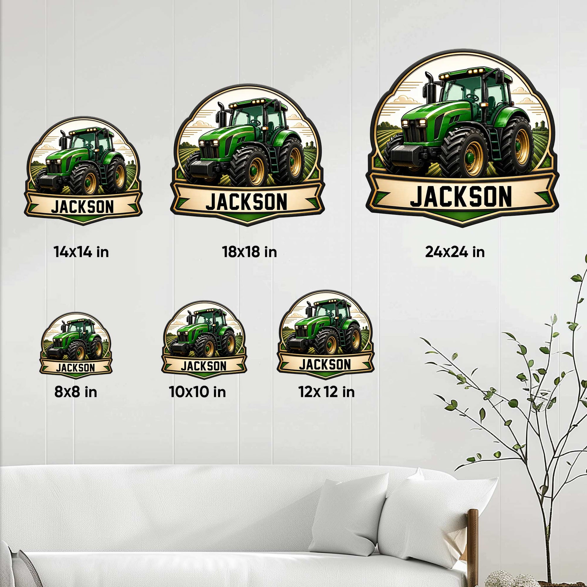 Tractor metal sign size guide showing available square sizes from 8 by 8 to 24 by 24 inches
