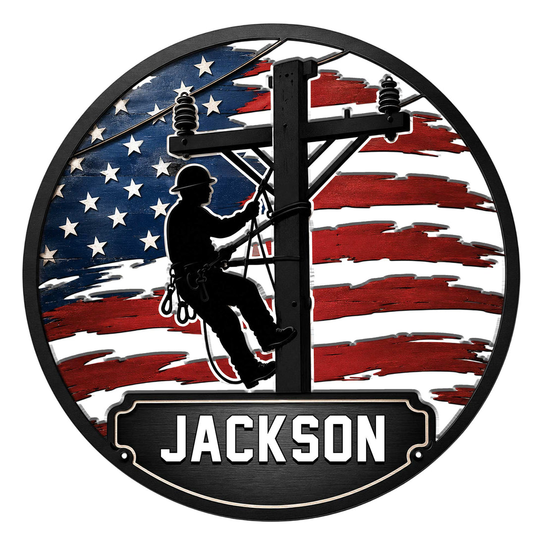 Custom lineman metal sign featuring a utility worker silhouette against a distressed American flag