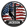 Custom lineman metal sign featuring a utility worker silhouette against a distressed American flag