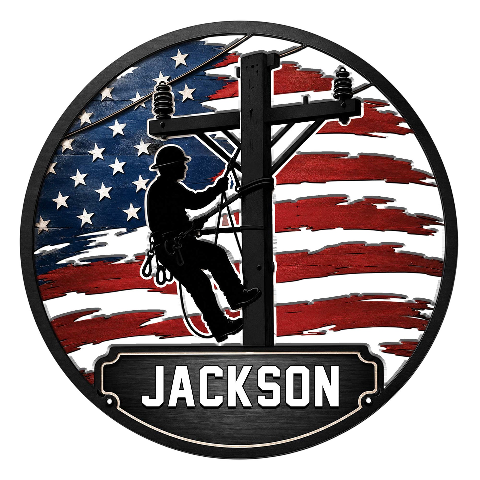 Custom lineman metal sign featuring a utility worker silhouette against a distressed American flag