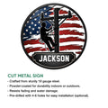 Lineman metal sign product infographic showing the patriotic utility worker design