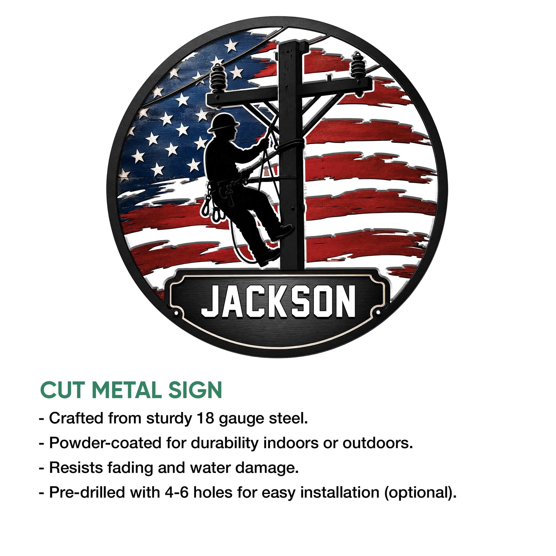 Lineman metal sign product infographic showing the patriotic utility worker design