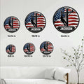 Lineman metal sign size guide displaying multiple available dimensions in a room setting