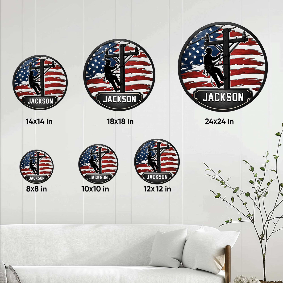Lineman metal sign size guide displaying multiple available dimensions in a room setting