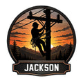 Custom lineman metal sign with a lineworker silhouette on a utility pole at sunset