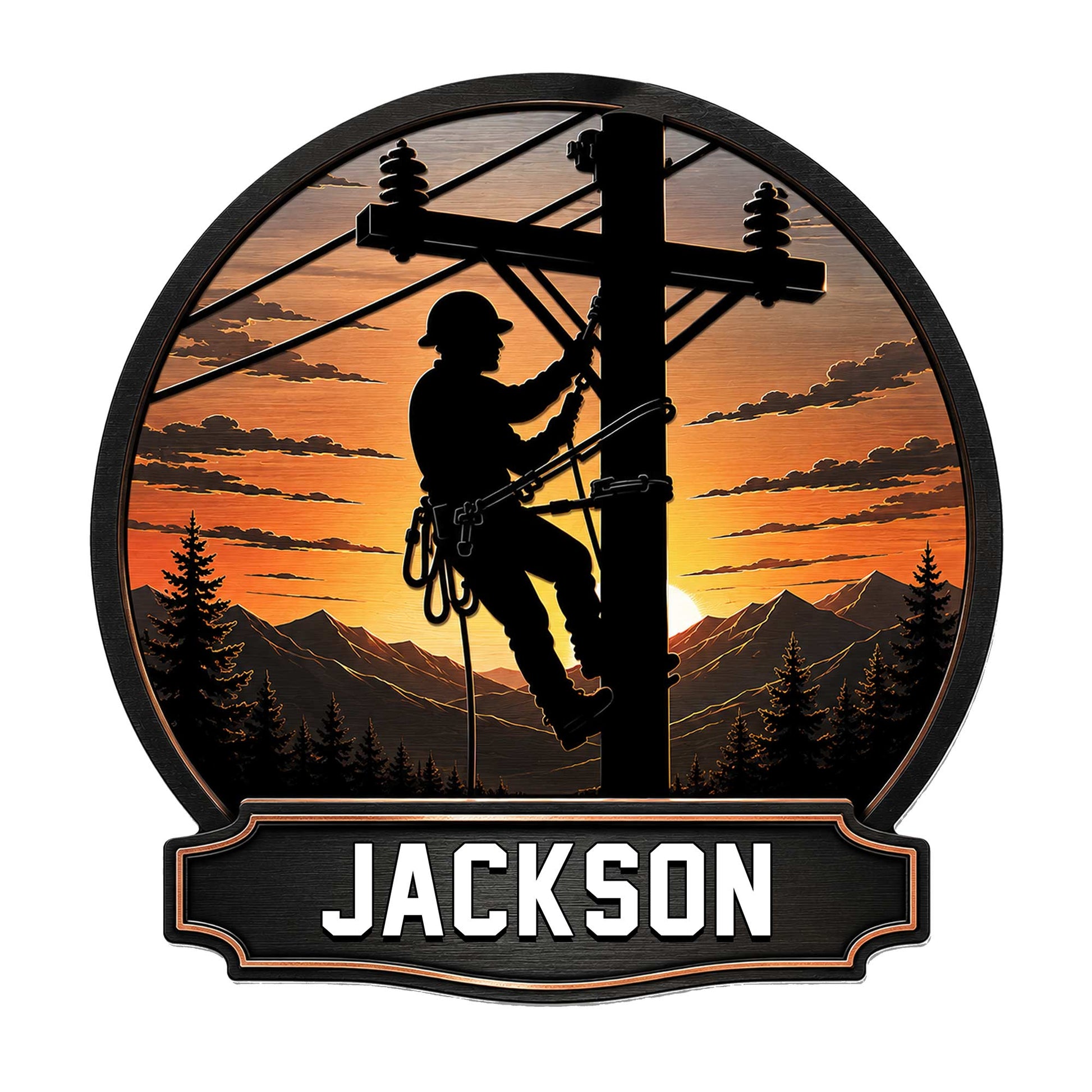 Custom lineman metal sign with a lineworker silhouette on a utility pole at sunset