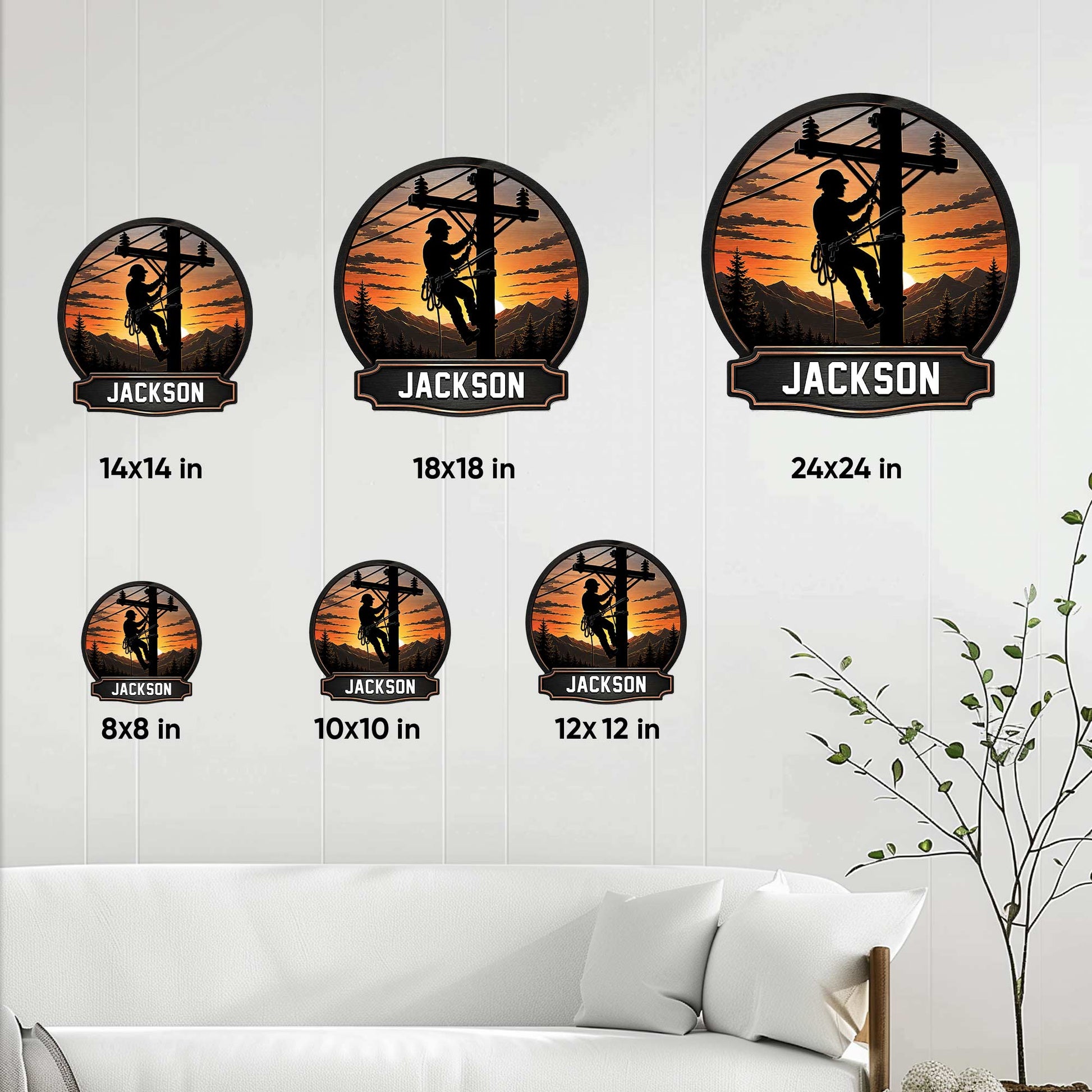 Lineman metal sign size guide showing available square sizes from 8 by 8 to 24 by 24 inches