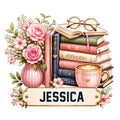 Book lover metal sign featuring stacked books, pink flowers, eyeglasses, coffee, and a custom design