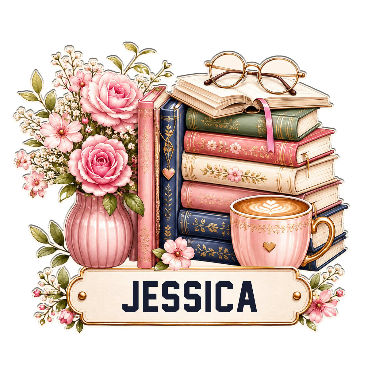 Book lover metal sign featuring stacked books, pink flowers, eyeglasses, coffee, and a custom design