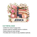 Book lover metal sign artwork shown with a floral book stack and cut metal sign feature information
