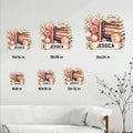 Book lover metal sign size guide showing multiple square size options in a living room setting