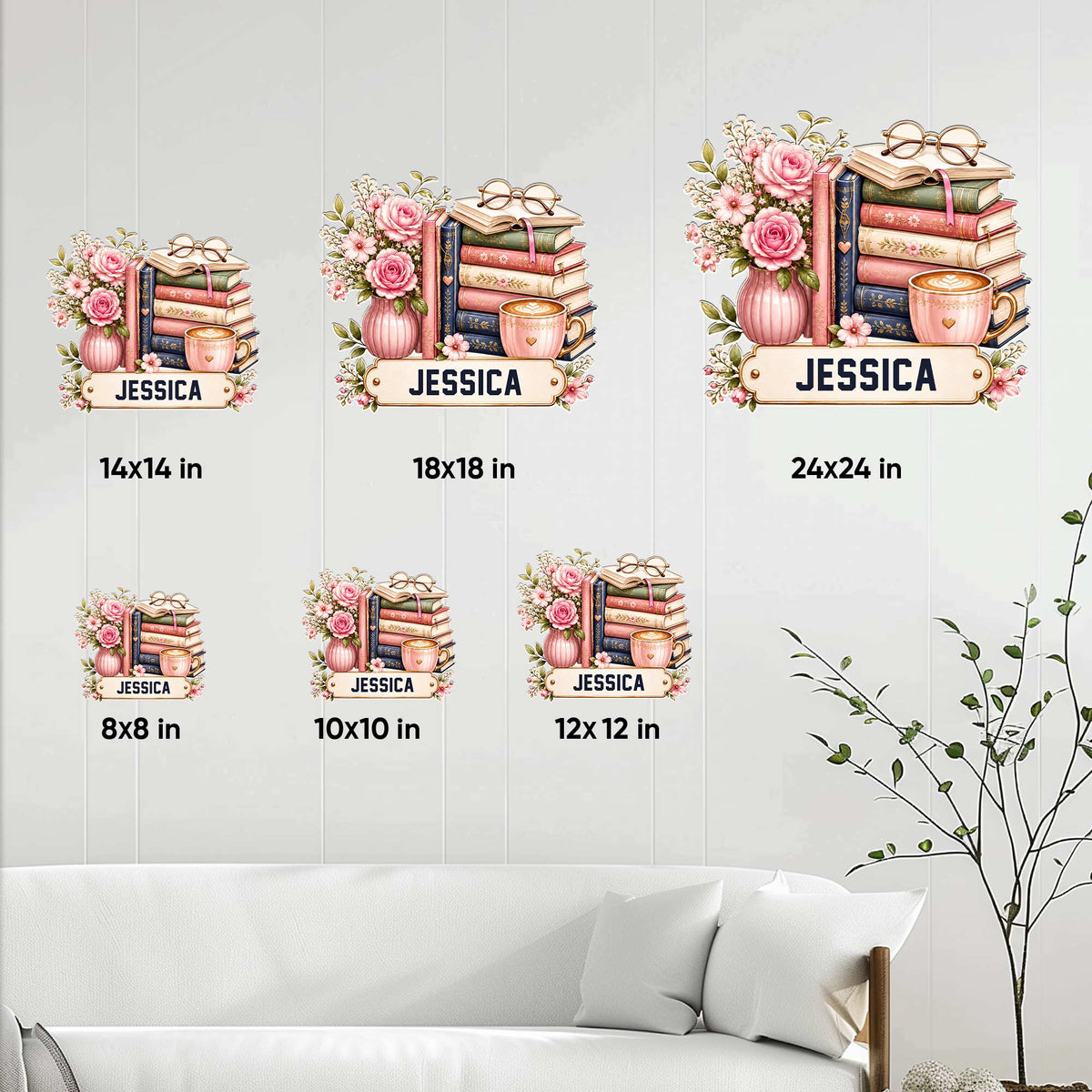 Book lover metal sign size guide showing multiple square size options in a living room setting