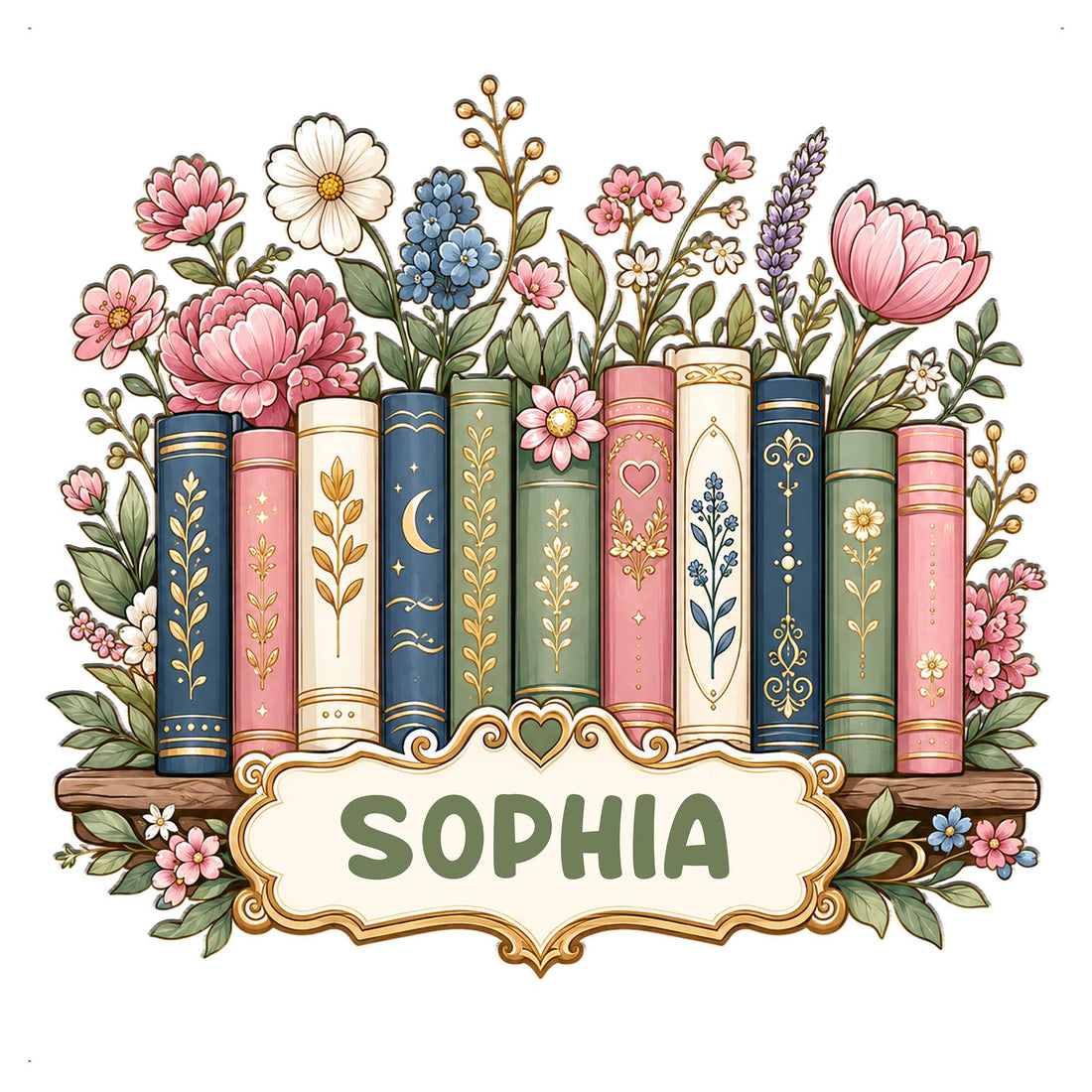 Floral book lover metal sign featuring colorful vintage books, blooming flowers, and an ornate decorative nameplate