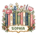 Floral book lover metal sign featuring colorful vintage books, blooming flowers, and an ornate decorative nameplate