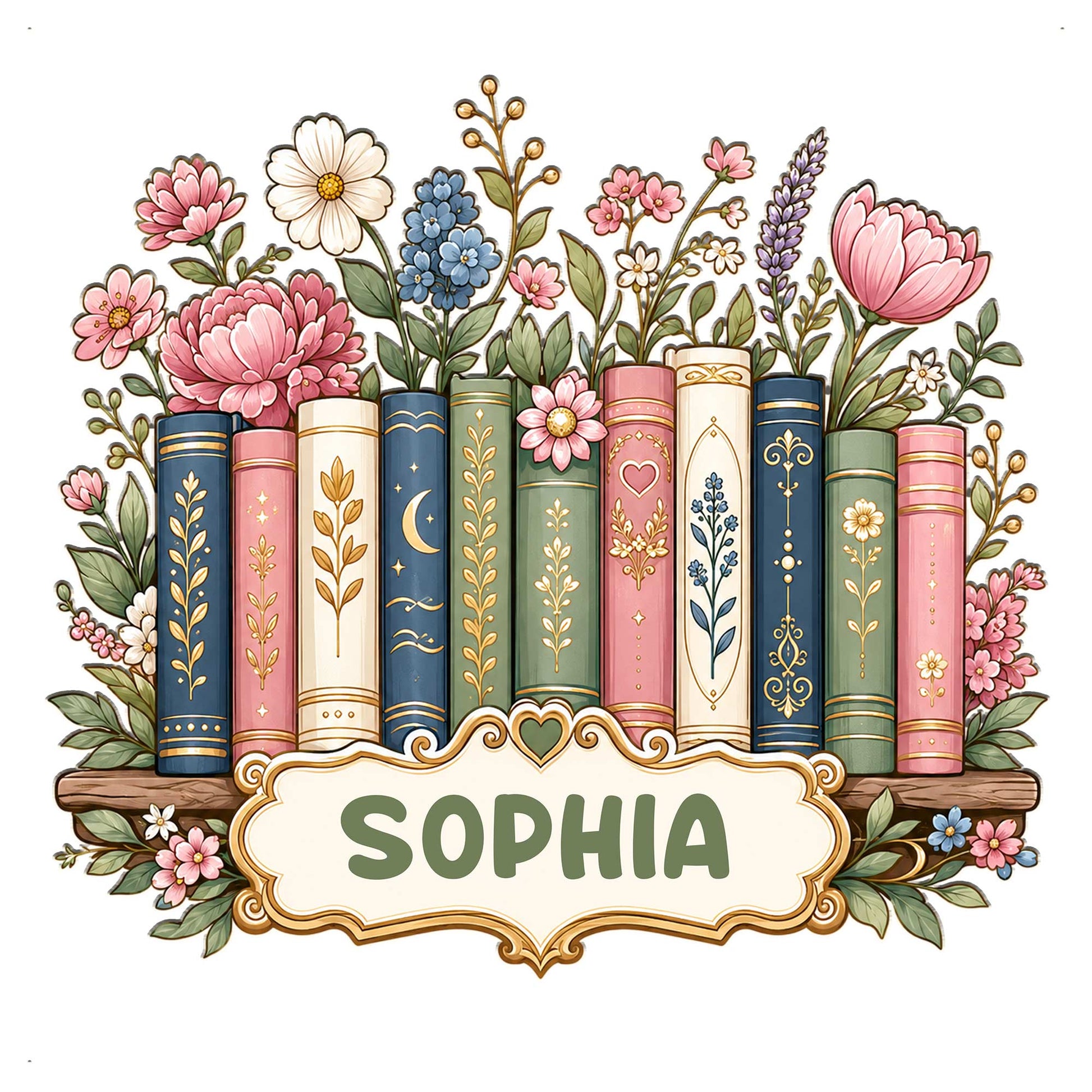 Floral book lover metal sign featuring colorful vintage books, blooming flowers, and an ornate decorative nameplate
