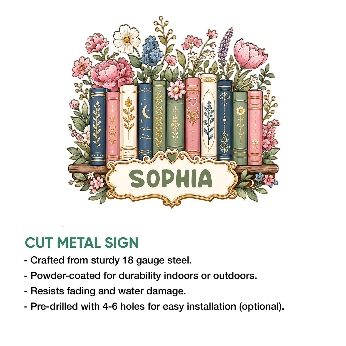 Book-themed cut metal sign with illustrated books surrounded by pink, blue, and purple flowers